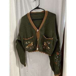 Romwe Green Fairy Core Flower Embroidery Patchwork Border Cardigan Sz M Fall